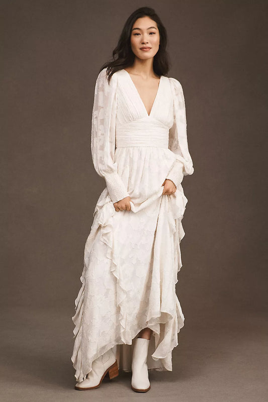 BHLDN Donna Long-Sleeve V-Neck Ruffled Maxi Dress